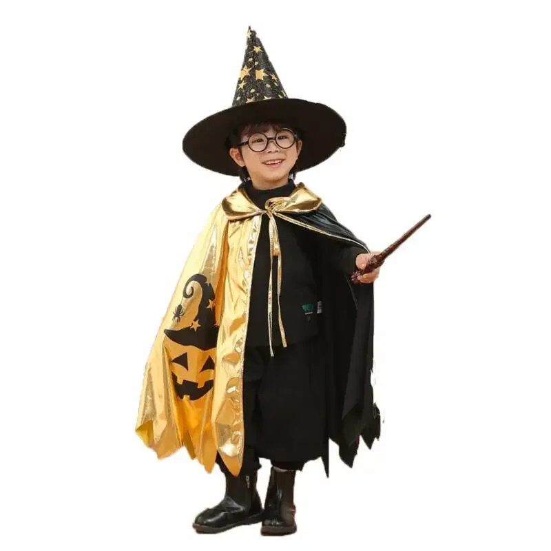 RT01 Mantello cosplay strega unisex per bambini Halloween + cappello da strega Costume da 2 pezzi Festa di carnevale Fantasia Oro Nero Blocco colore Dr * JK2