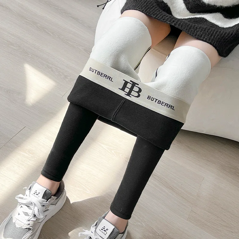 Women's Autumn Winter Fleece Lined B Letter Waistcoat Lamb Velvet Leggings Slimming Vertical Stripes Outdoor Wear Base Layer ...