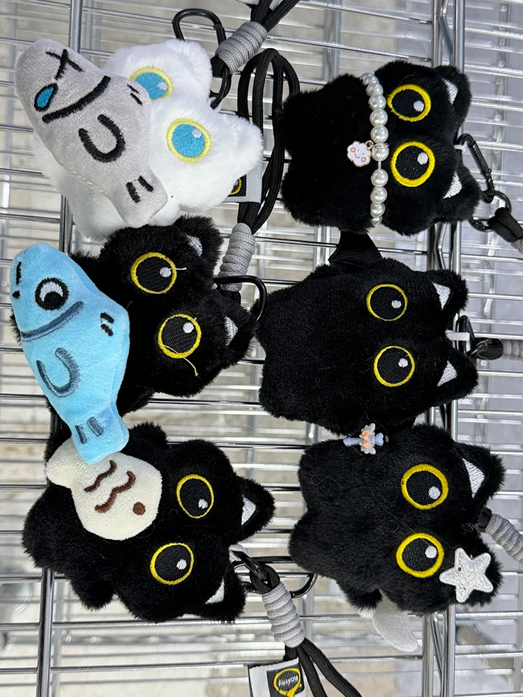 Yupsk 6/1 Stück süße Plüsch schwarze Katze Puppe Spielzeug Schlüsselanhänger Tasche Anhänger Charms Kawaii Schlüsselanhänger Zubehör für Frauen Paare Geschenk