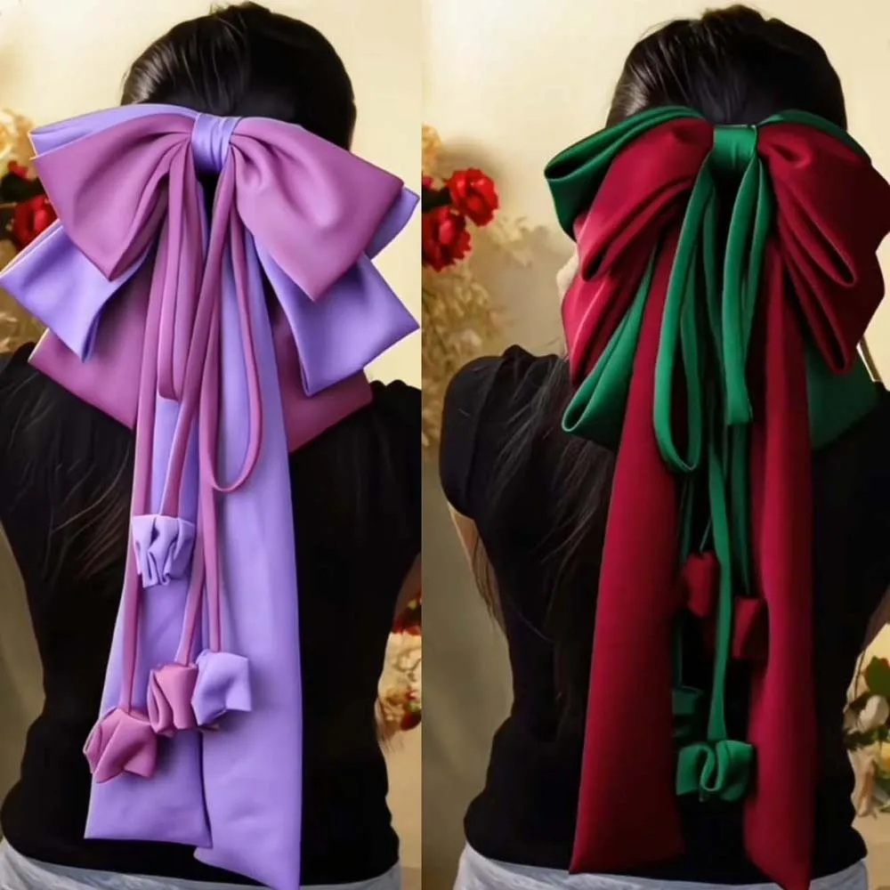 

Soft Alloy Oversized Bow Hair Clip Sweet Contrast Color Satin Ribbon Headdress Barrette Versatile Christmas Hair Accessory Party