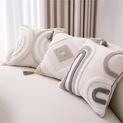 Unique Boho Throw Pillow with Braided Rope Pattern Handmade Tassels Cushion Soft Cotton Linen Textured Cushion for Sofa Bed