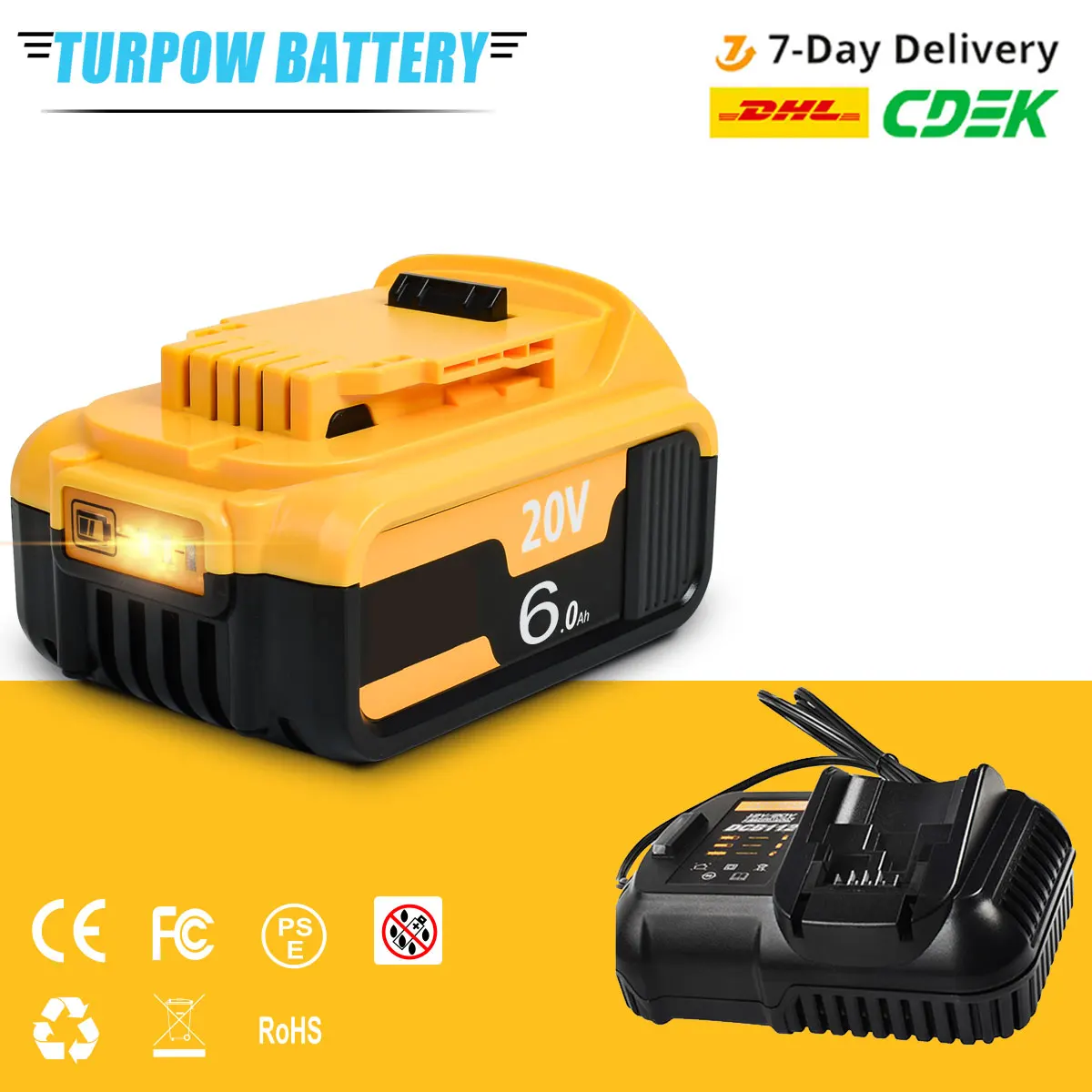 20V 6.0Ah MAX Replacement Battery for Dewalt DCB184 DCB181 DCB182 DCB200 20V 18Volt Power Tool Battery charger