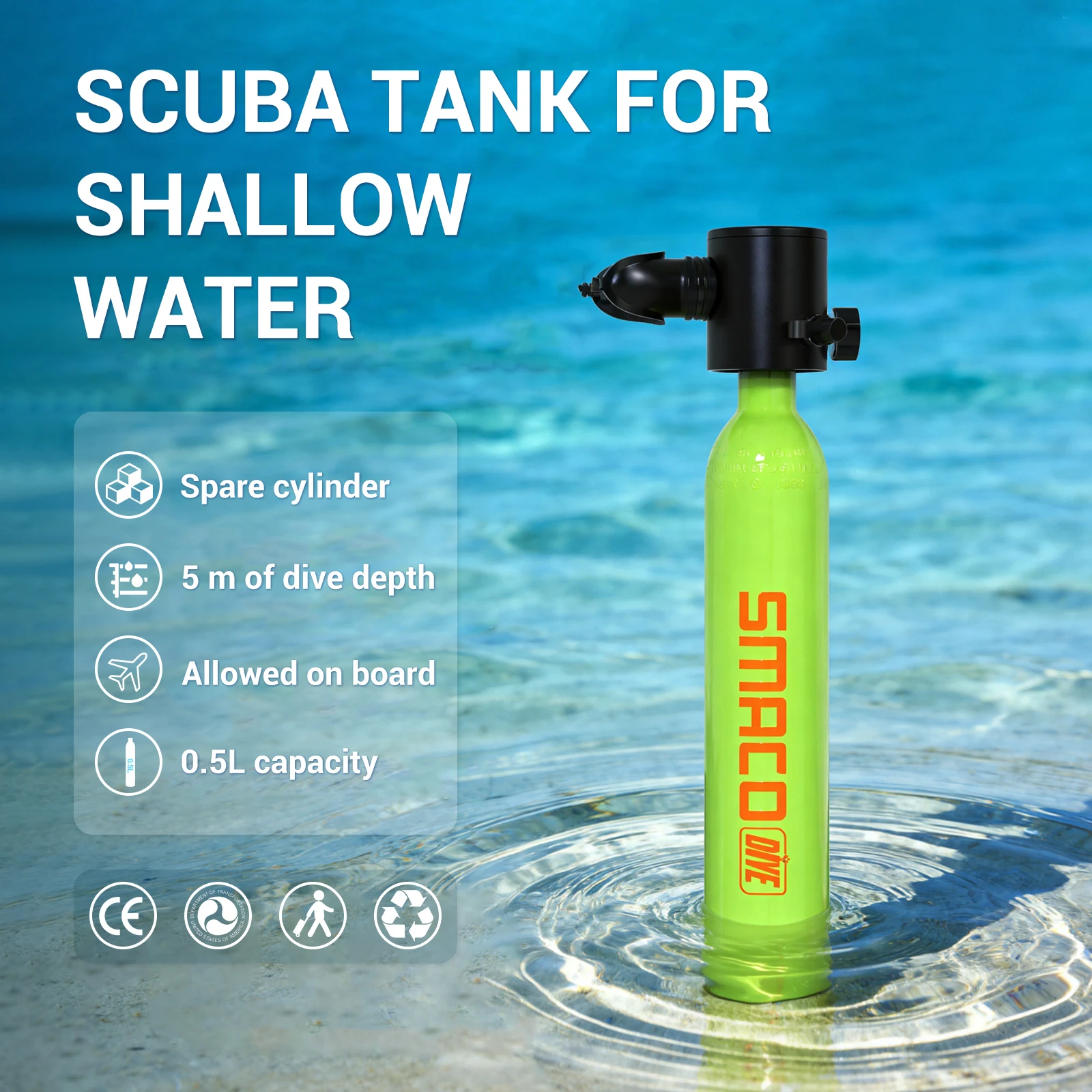 

SMACO S300 0.5L Mini Scuba Diving Tank Portable Underwater Breathing Cylinder for Snorkeling, Swimming & Emergency Backup Air