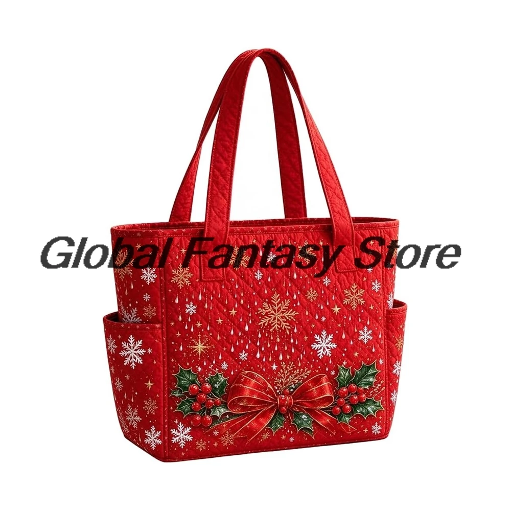 Christmas Quilted Tote Bag Xmas Holiday Print Multiple Pockets Shoulder Handbag Women Daily Shopping Bags