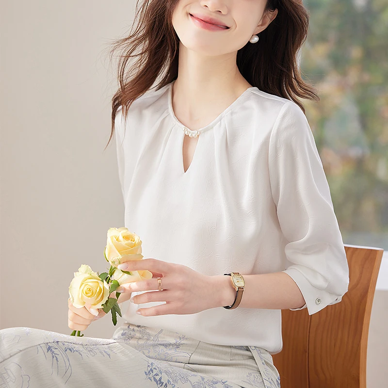 NAVIU 여성 우아한 새틴 블라우스 긴 소매 루즈 피트 o 넥 캐주얼 오피스 셔츠 여성용 봄 하이 엔드 기질 블라우스