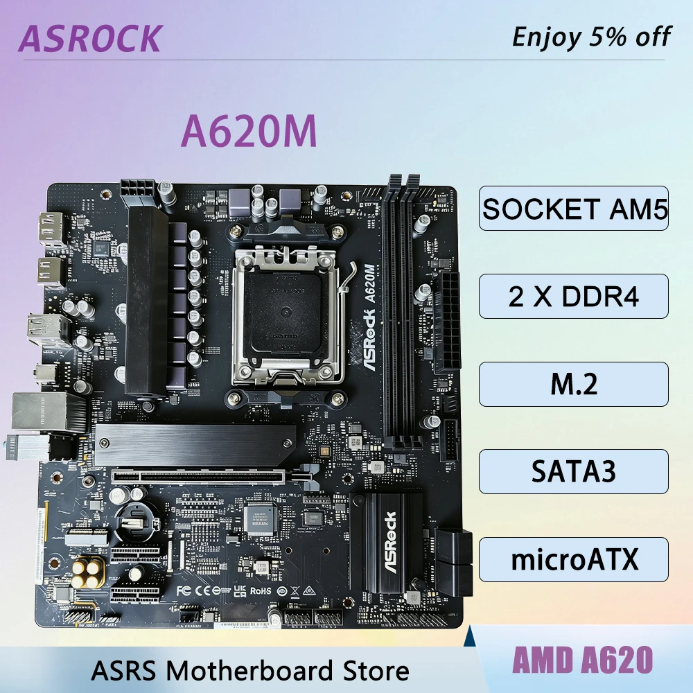 ASROCK A620M Motherboard A620 AMD AM5 CPU Support Ryzen 7 7800X3D 7 8700F 5 7500F 9 7950X 7 7700X 5 8600G M.2 Micro-ATX DDR5