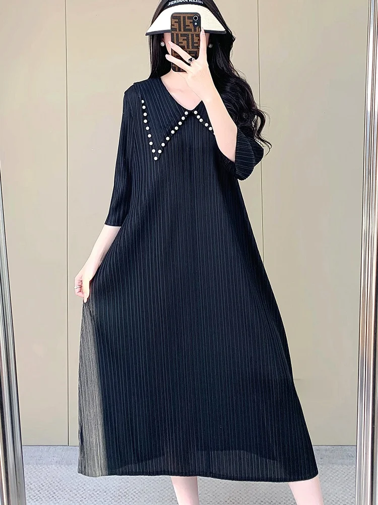 

Tee-Fold Pleated Dr Women's Spring Autumn New plus Size Meat Concealing Slimming High-End Anti-Aging Skirt Casual Sle