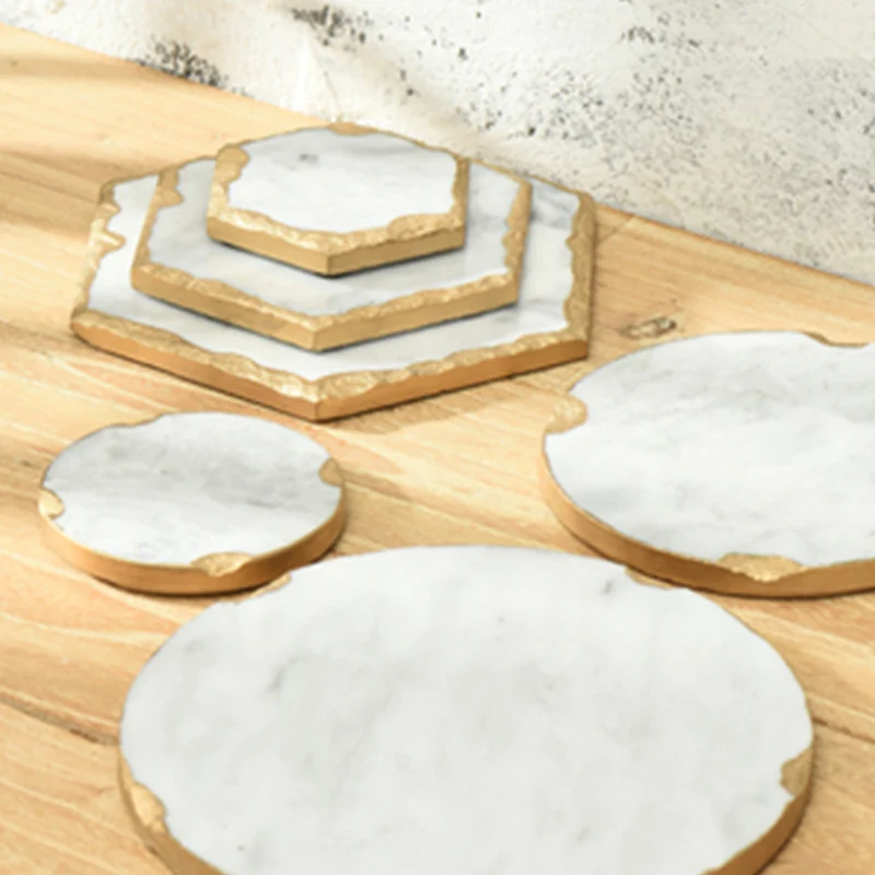 European Natural Marble Golden Stroke Cake Trays Decorative Modern Jewelry Cosmetic Storage Tray Dessert Plate Coffee Coaster