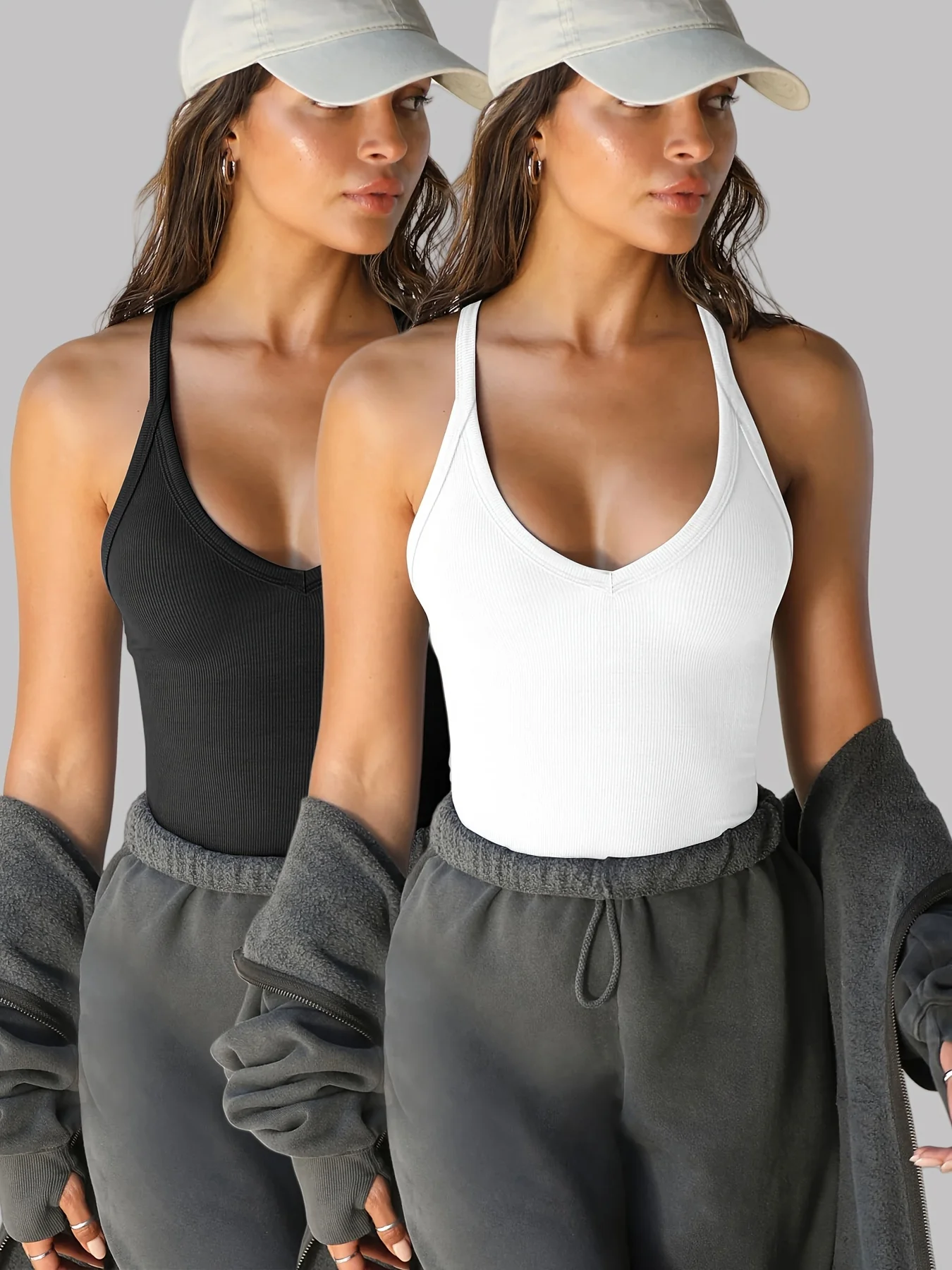 

New style stylish solid color versatile sexy beautiful back women's vest two-piece set