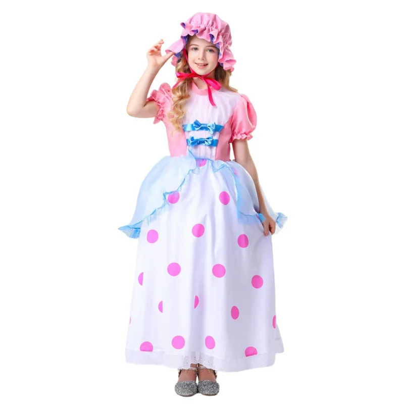 

Cute Shepherdess Costume Halloween Carnival Party Girl Children's Stage Cosplay Spotted Polka Dot Princess Pink Bud Sleeve Dress