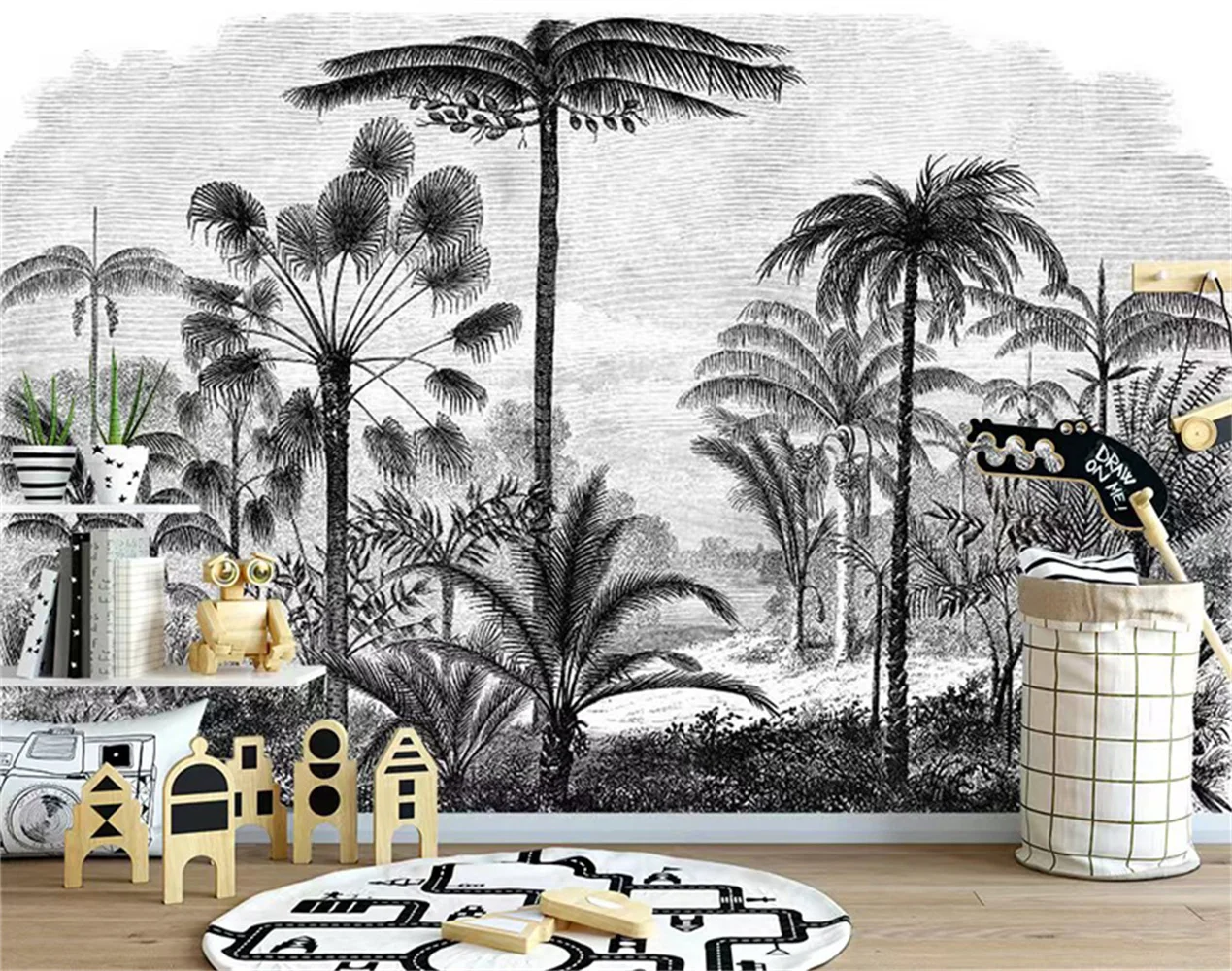 Custom Black and White Tropical Plant Tropical Wallpaper Mural for living Room TV Background 3d Stickers wall papers home decor