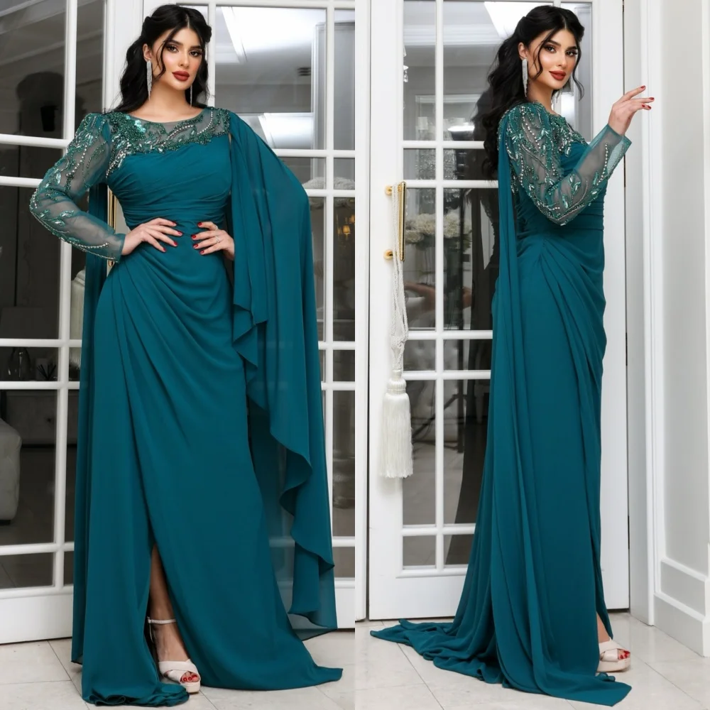 

Customized Chinese Style Jersey Sequined Pleat A-line Scoop Neck Long Dresses Bespoke Occasion Sparkle