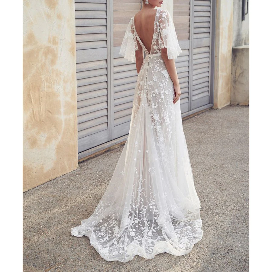 Illusion col en v robe de mariée Applique dentelle manches courtes longueur de plancher Train Sexy dos nu Tulle plage robes de mariée Simple 2025