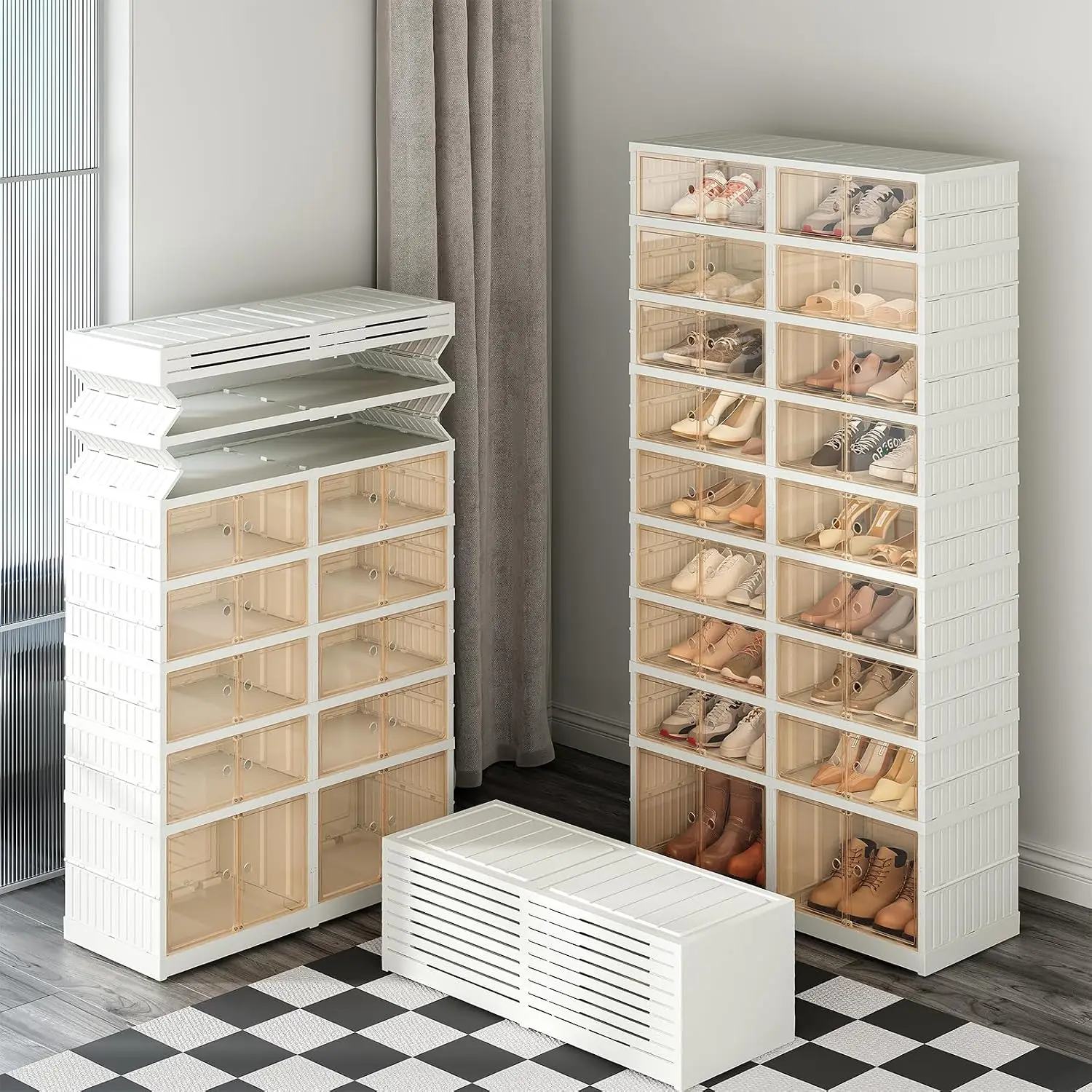 9 Tier 36 Pairs Foldable Shoe Rack Organizer Clear Plastic Storage Box with Lids Door Large Tall Cabinet for Closet, Customized