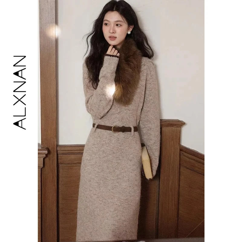 

Платье ALXNAN с длинным рукавом, весна 2026, новинка, с капюшоном, на пуговицах, приталенное, элегантное, вязаное, модная женская одежда с поясом DYL662170