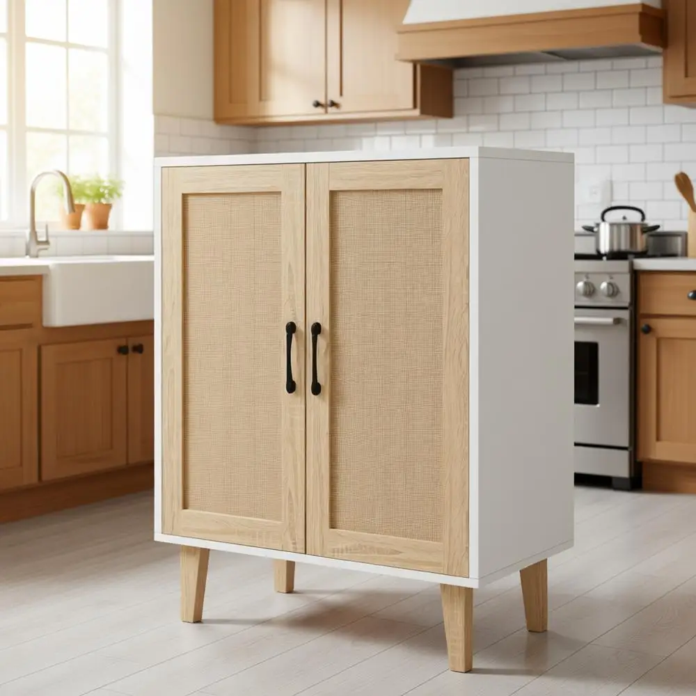 

Белый кухонный шкаф-буфет с элементами из ротанга, акцентный элемент для хранения вещей