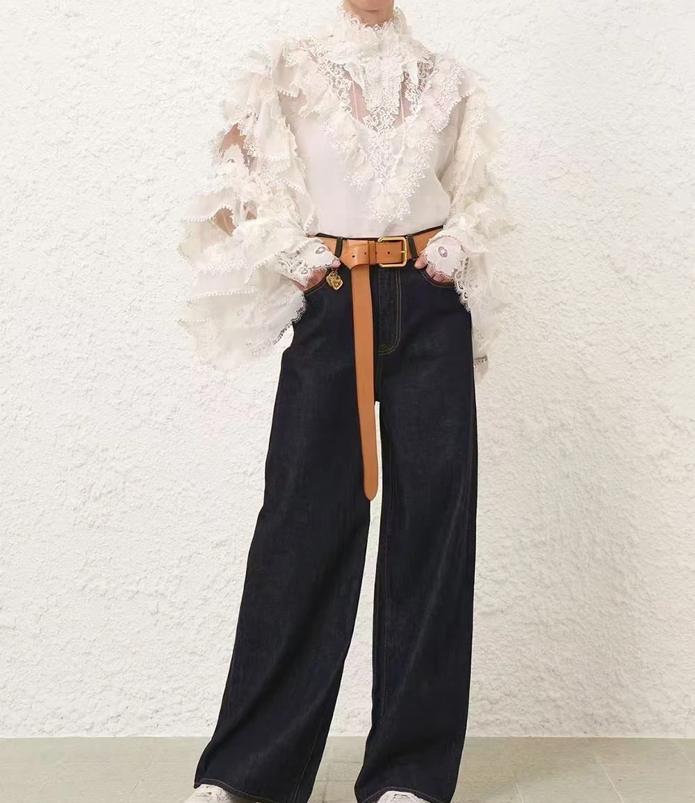 

All-matching 2025 Navy Blue High Quality Pure Cotton Women Straight Denim Jeans Pants Trousers