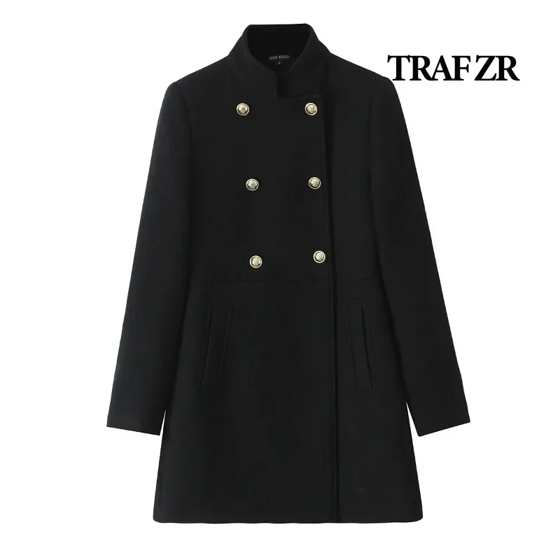 TRAF ZR Cappotto di lana Moda autunnale Cappotto lungo nero Americano Retro Capispalla autunnale Cappotti urbani Cappotti da donna eleganti e