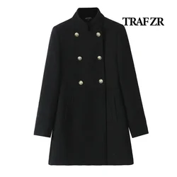 TRAF ZR Cappotto di lana Moda autunnale Cappotto lungo nero Americano Retro Capispalla autunnale Cappotti urbani Cappotti da donna eleganti e graziosi