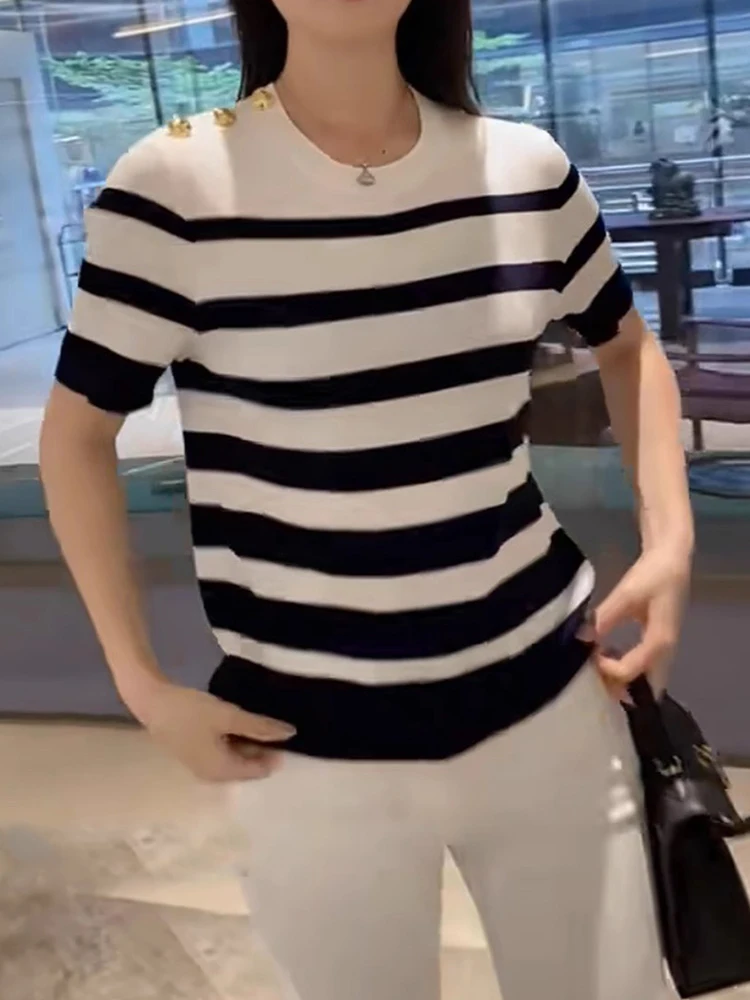 

Летний вязаный топ свободного кроя с коротким рукавом, в полоску, модный и элегантный, базовый топ для многослойных образов, женская одежда