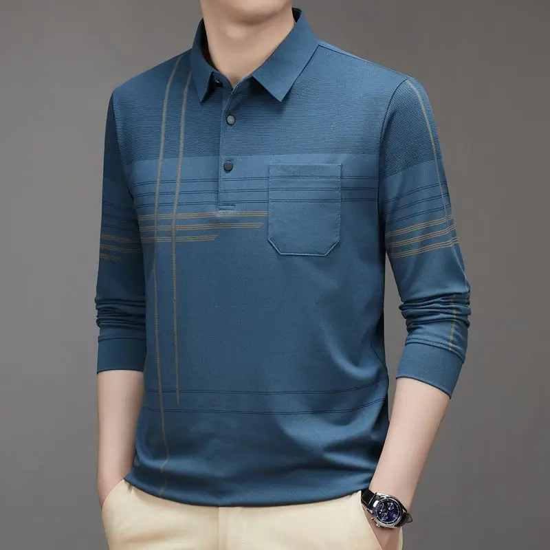 Men's Long Sleeve Polo Shirt Spring Autumn Loose Fit Casual Top Middle Aged Dad Tee