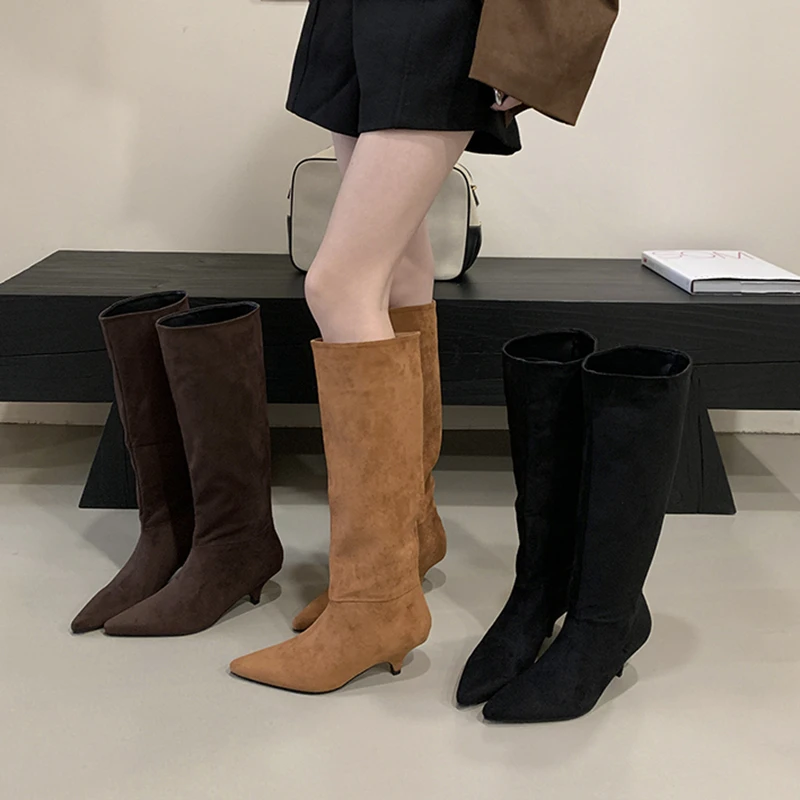 

SUOJIALUN 2025 New Brand Women Long Boots Fashion Pleated Slip On Ladies Elegant Knee-high Boots Shoes Thin Low-heel Knight Boot