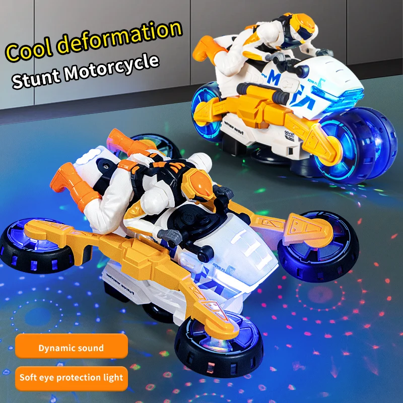360 Rotating Deformation Electric Stunt Motorcycle Dynamic Light Children's Toy Interactive Motorbike Transforming Car Xmas Gift