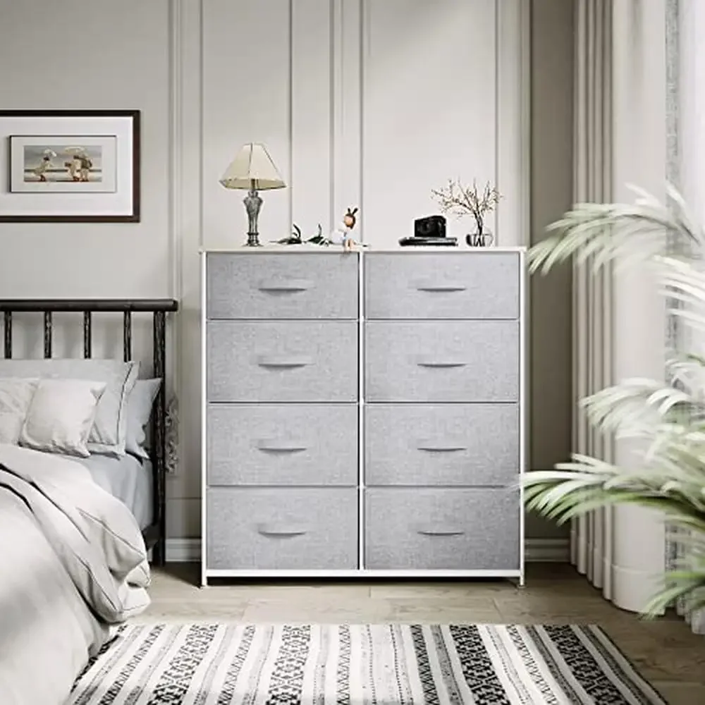 8 Drawer Fabric Dresser Storage Tower Unit Steel Frame Wooden Top Large Capacity Organizer White Light Grey Non-Woven Breathable