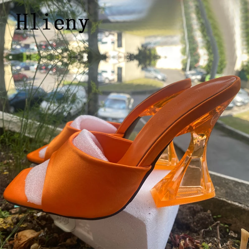 Hlieny Female Crystal High Heels Slippers 2024 New Silky Wide Band Peep Toe Casual Slides Flip Flops Shoes Woman Pumps Sandals