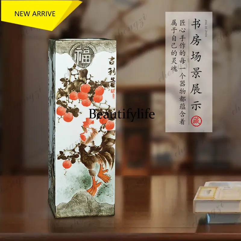 D136 Jingdezhen ceramic vase hand-painted scroll cylinder calligraphy and painting storage square inlay decorative ornament