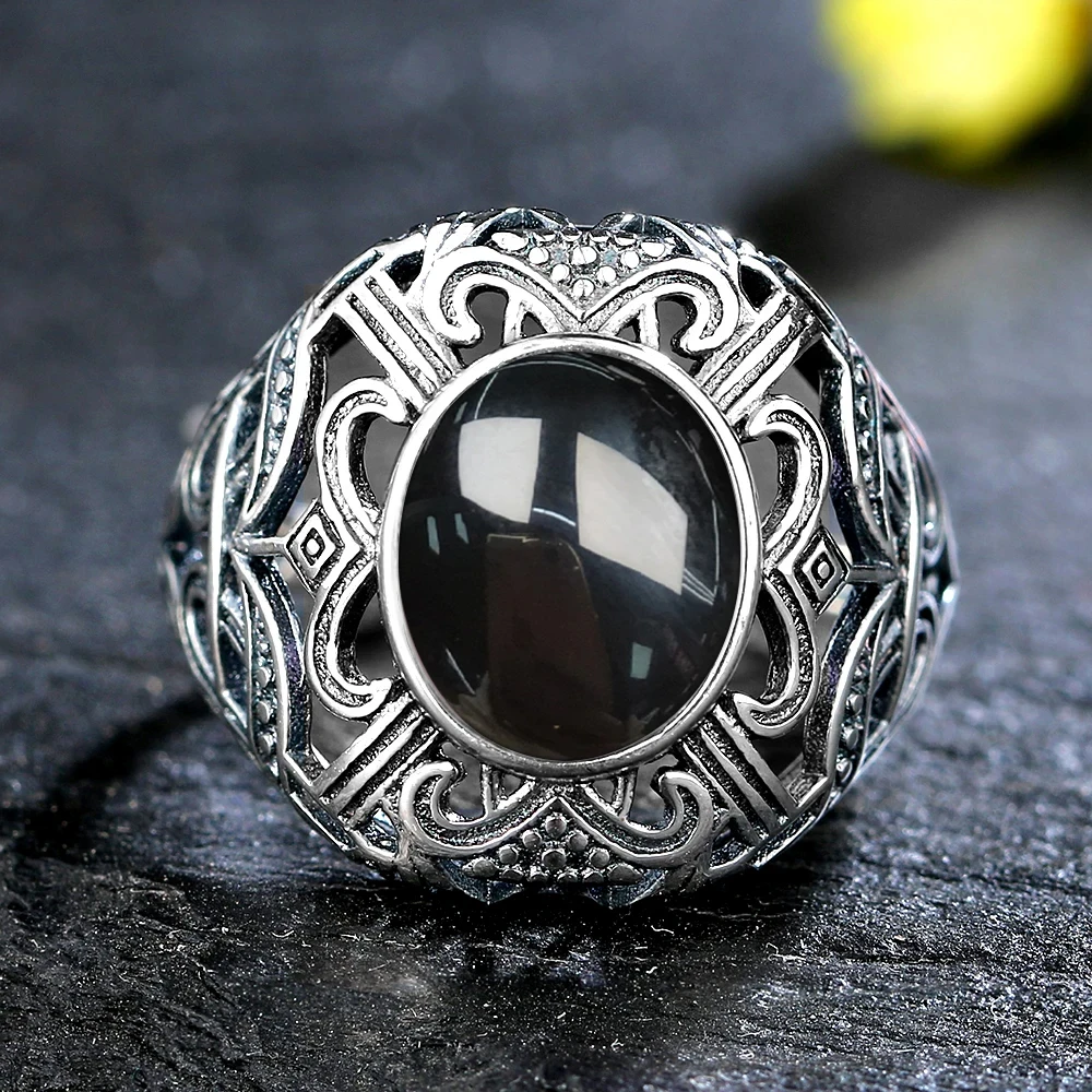 925 Sterling Silver Ring Natural Black Agate Ring Oval Round Retro Jewelry for Women men Gift Sun Shaped Vintage Ring