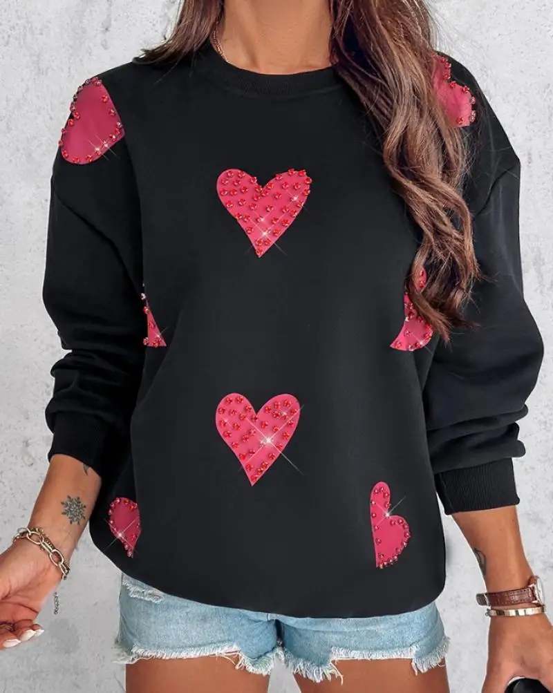 Elegant Women\'s Hoodie Autumn New Casual O-Neck Fashion Simple Pullover Heart-Shaped Rhinestone Print Long Sleeved Sweatshirt