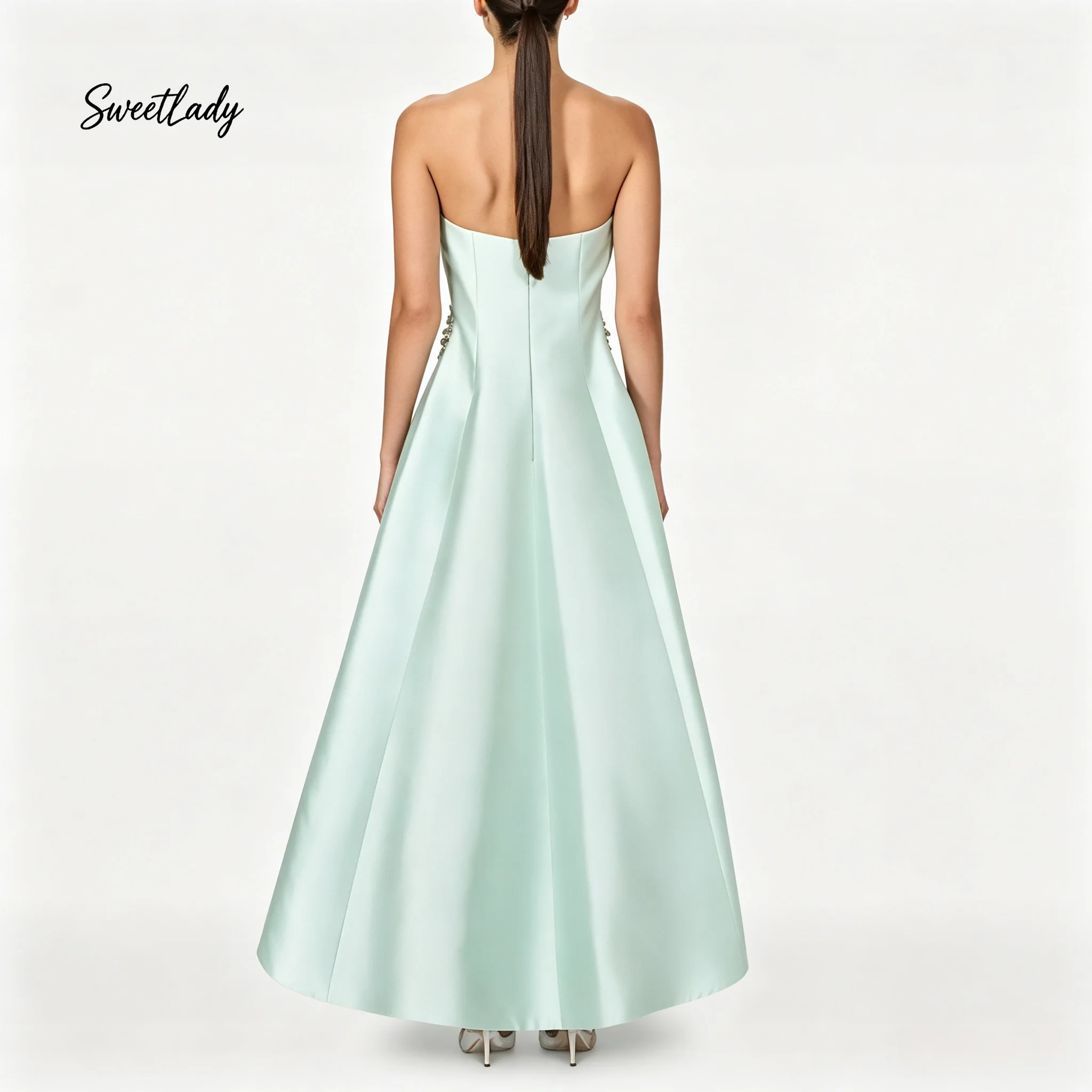 SweetLady Strapless Sage Green Satin Midi Gown Crystal Beaded Waist High Low Hem Wedding Guest Party Dress