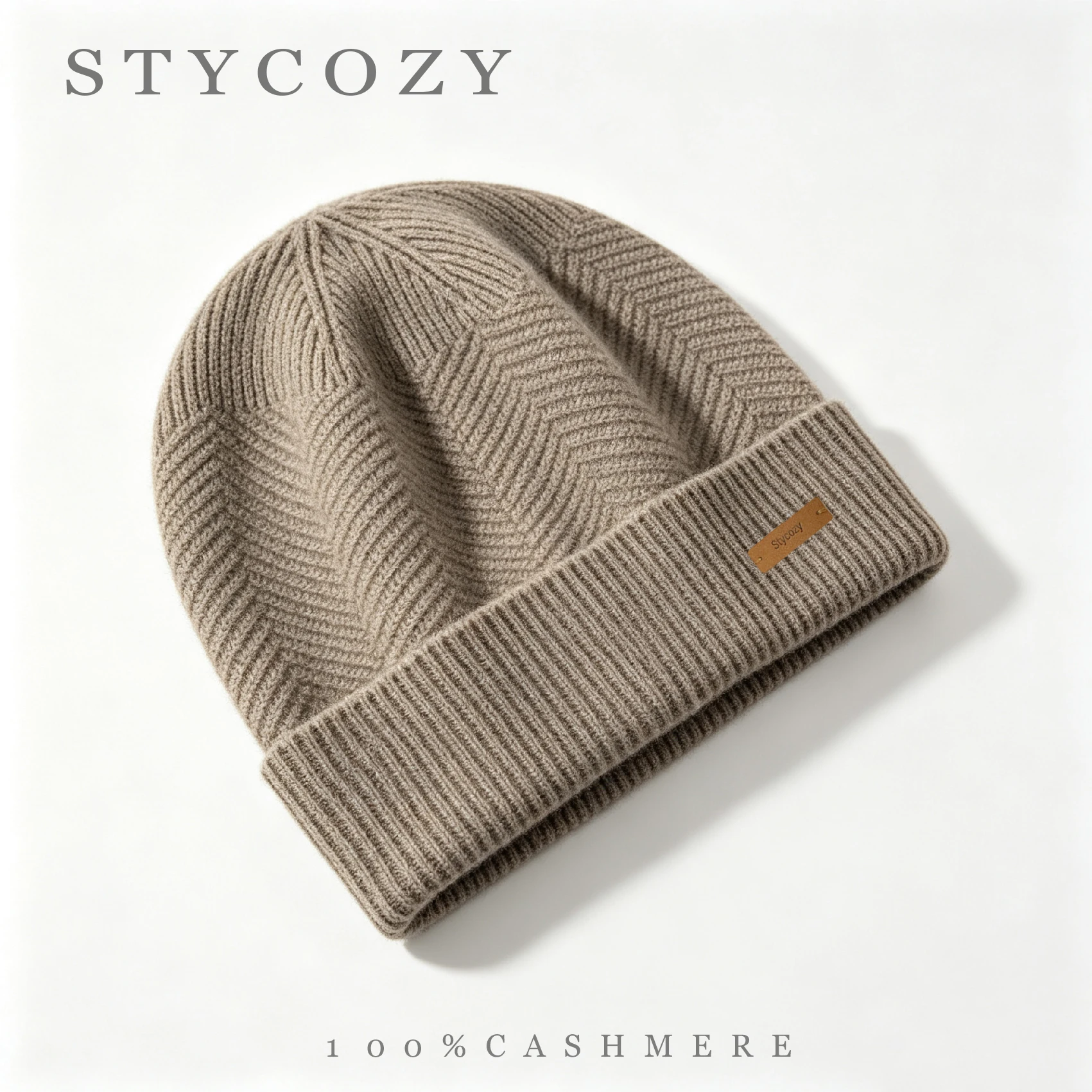Unisex 100% Cashmere Beanies Herringbone Knitted Fold Cuff Bonnet Hat Men Women Solid Color Ribbed Cuff Winter Knit Skullies Cap