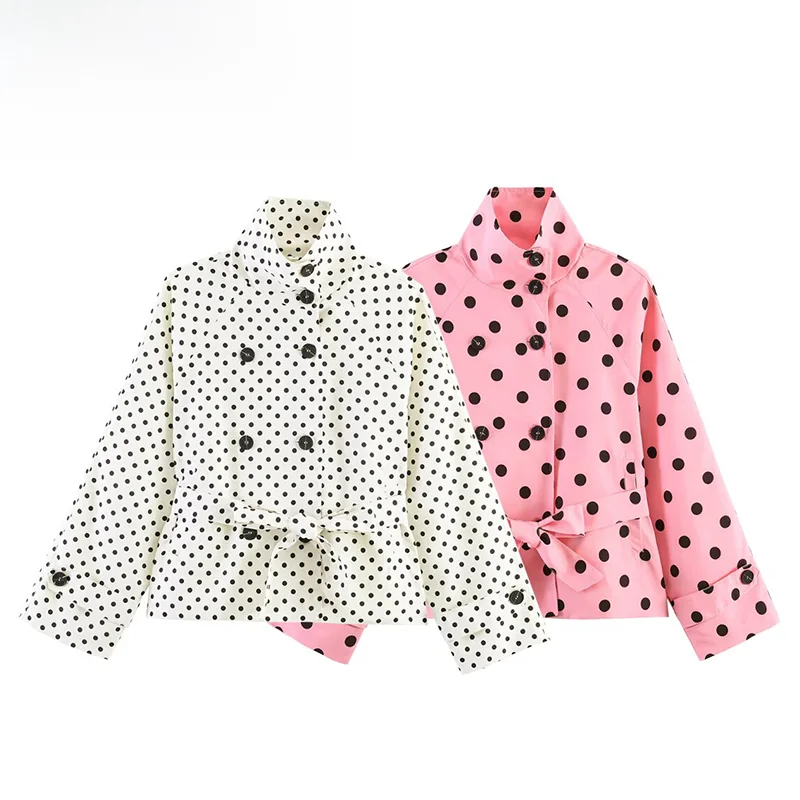 

Fashionable Polka Dot Windbreaker Jacket with Belt Versatile Design Women's Spring Outerwear Polyester Long Sleeve Coat