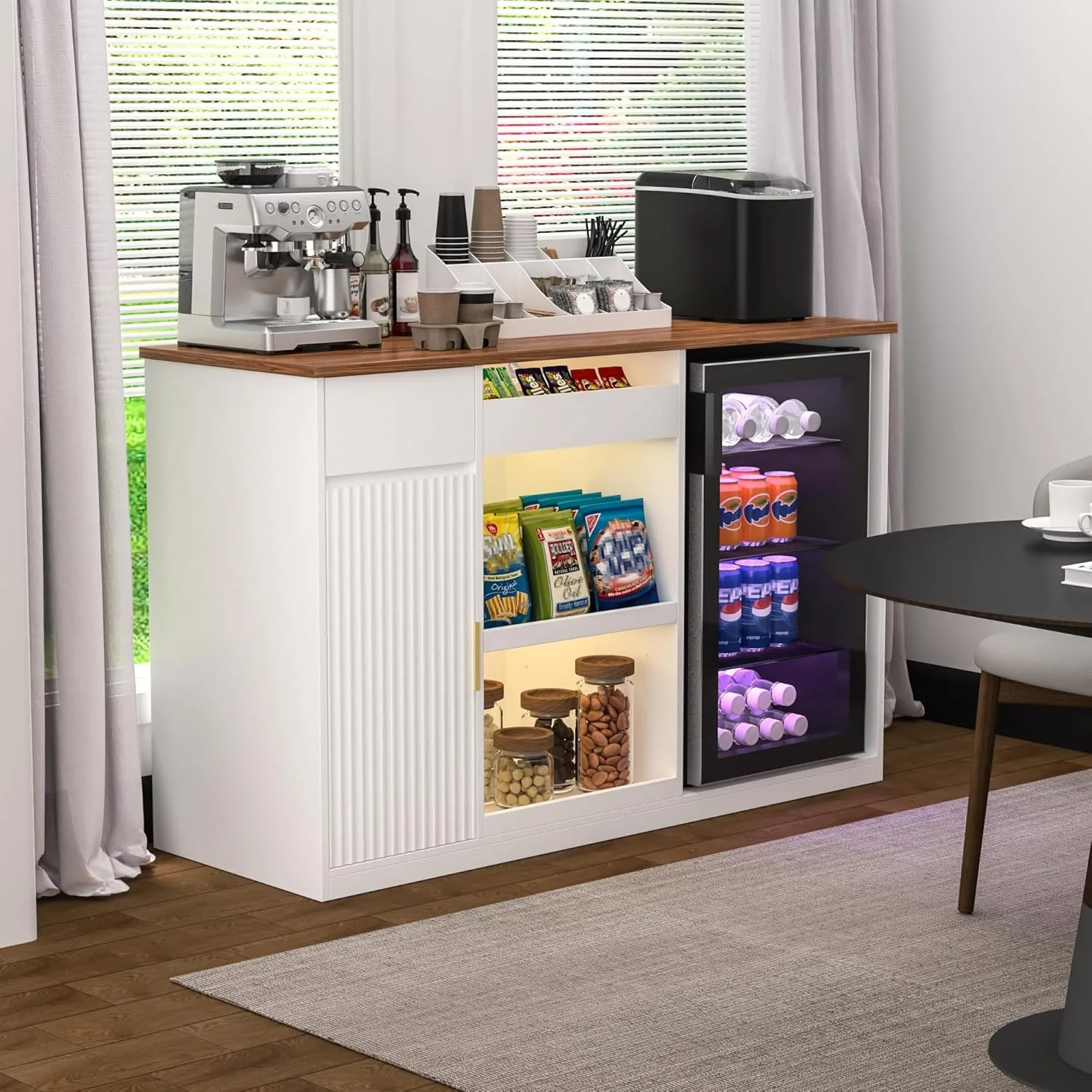 Snack Bar Cabinet with Fridge Space Storage and Display Shelf for Home Theater or Game Room 51 Inch White image 13