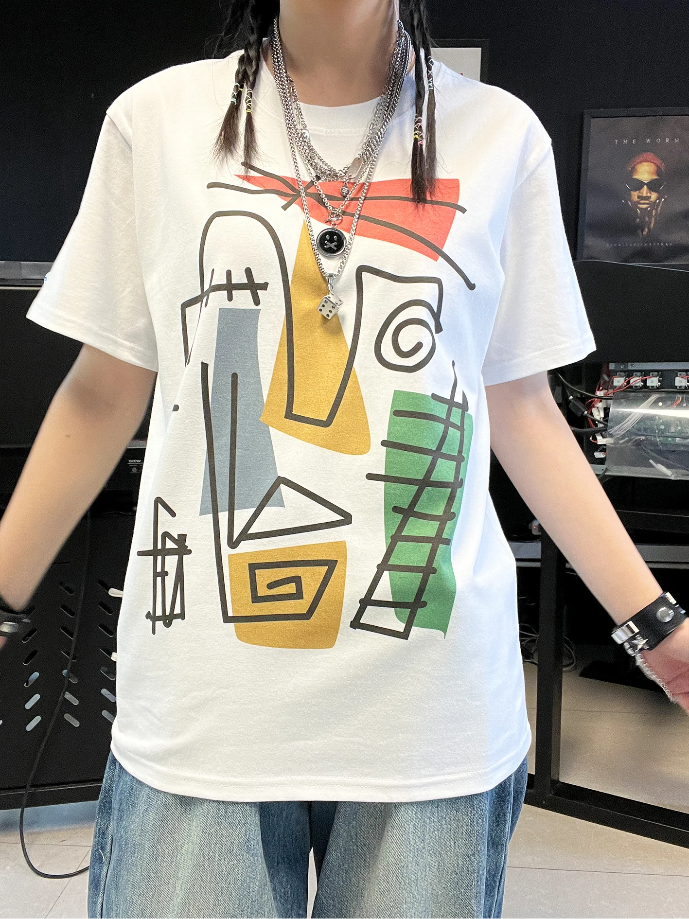 Heavier 260G Short Sleeve T-Shirt Portrait Art Style Unique Design Cotton Spandex Blend Women's Fashion Spring Collection