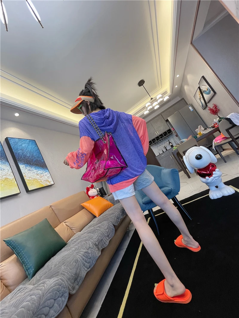 ฤดูร้อนสีบล็อกHooded Letterหลวมเสื้อยืดอเนกประสงค์Elegant BreathableแขนยาวครีมกันแดดบางSheer Top