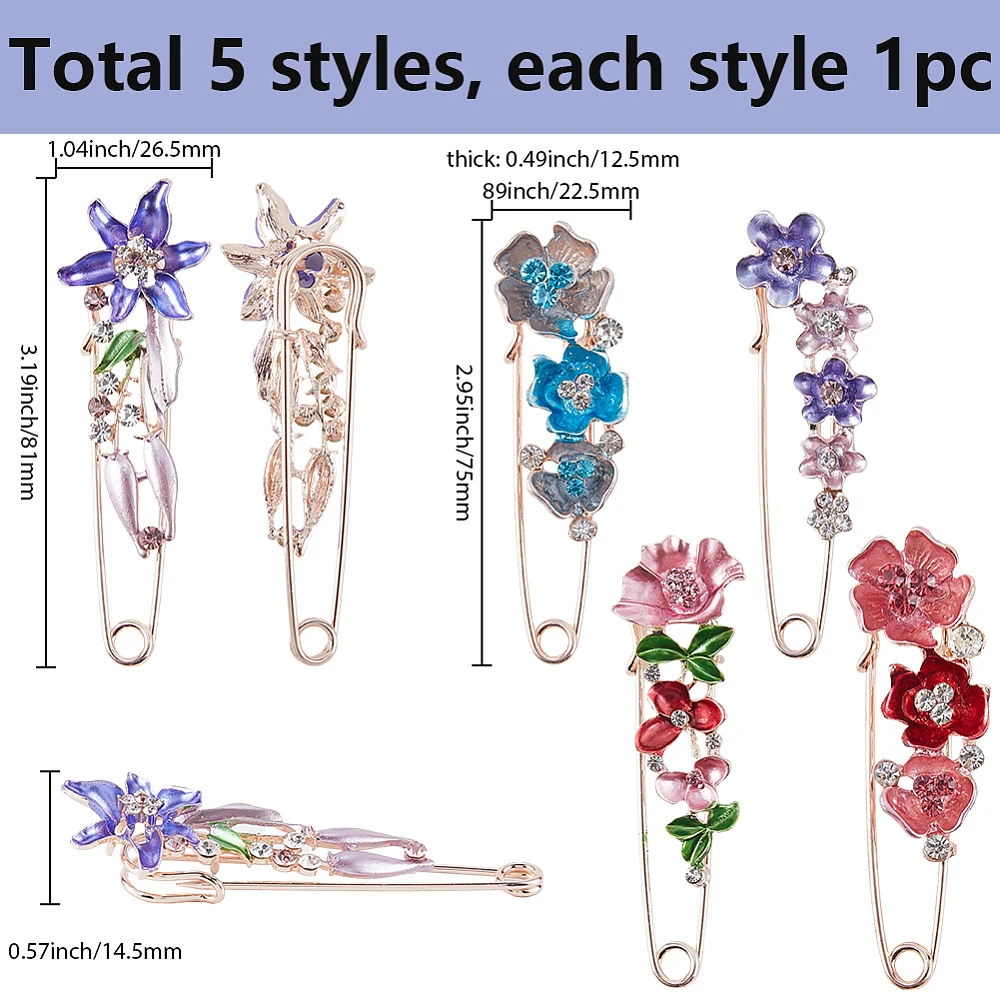 1 Box 5Pcs Flower Safety Pin Bulk Kilt Pins Rose Gold Metal Alloy Enamel Rhinestone Floral Decorations Clip Clasp Large Brooch
