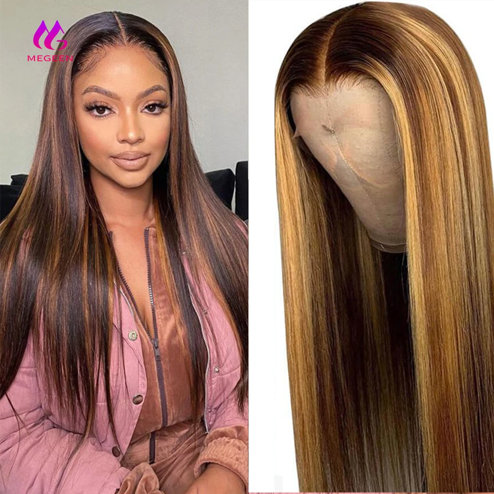 Megeen 100% Human Hair Highlight 13X4 Lace Front Wig Human Hair P427 Colored Straight Pre Plucked Honey Blonde Lace Front Wig