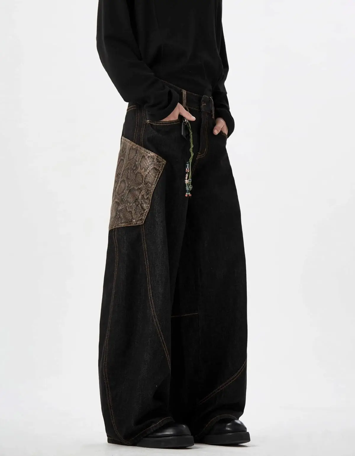 Men's Dark Wash Baggy Wide Leg Jeans Snake Skin Patch Pocket Embroidered Detail Hip Hop Streetwear Casual Daily Party Denim Trousers