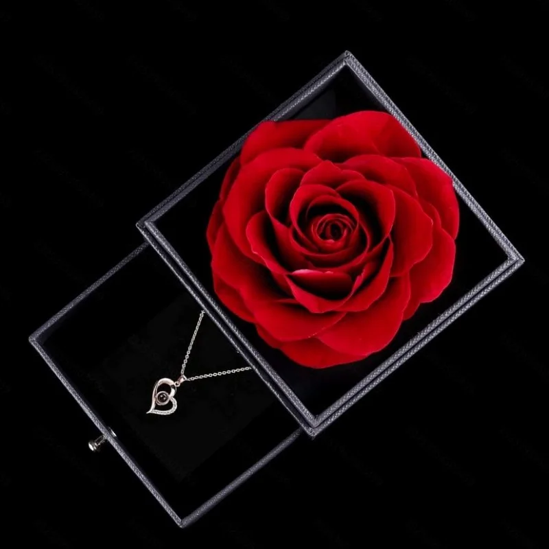 4Pcs Eternal Rose Jewelry Gift Box Projection Heart shaped Necklace Luxury Drawer Rose Box Romantic Valentine's Day Birthday Gif