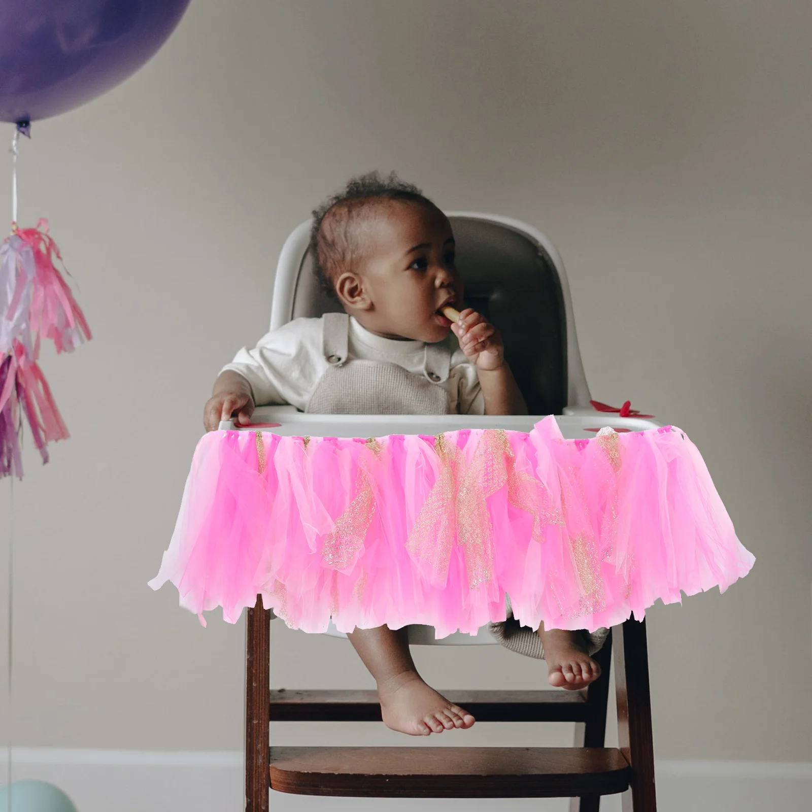 تنورة توتو للأطفال مصنوعة يدويًا من التول اللامع الوردي الوردي لحفلات الاستحمام كرسي مرتفع لتزيين كرسي مرتفع