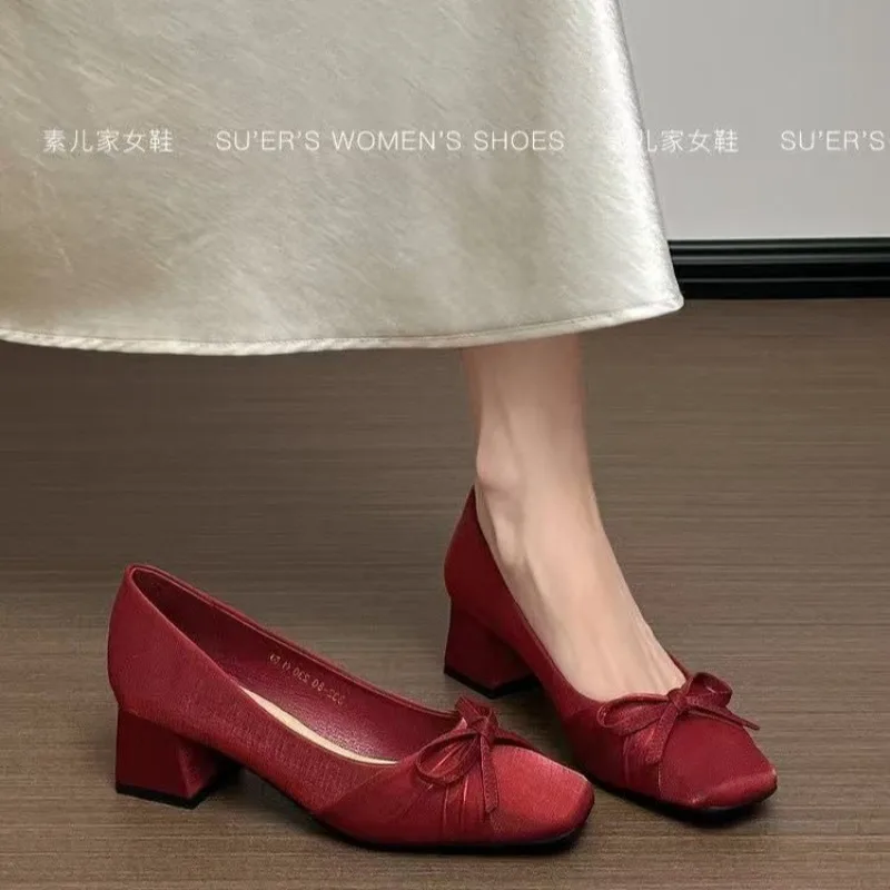 Square Toe Single Shoes Women's Block Heel 2026 New Sweet Bow with Dress Daily Wedding Shoes view 4