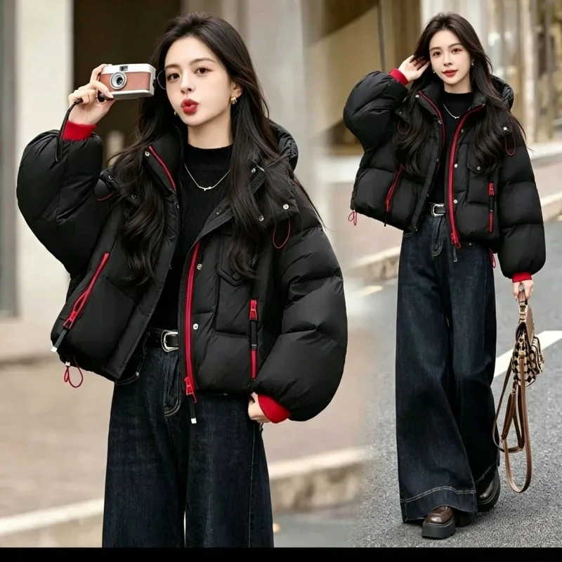 Korean Streetwear Chic Hooded Cropped Puffer Parka Women Contrast Red Zipper Thick Warm Oversized Loose Fit Casual Winter Outfit