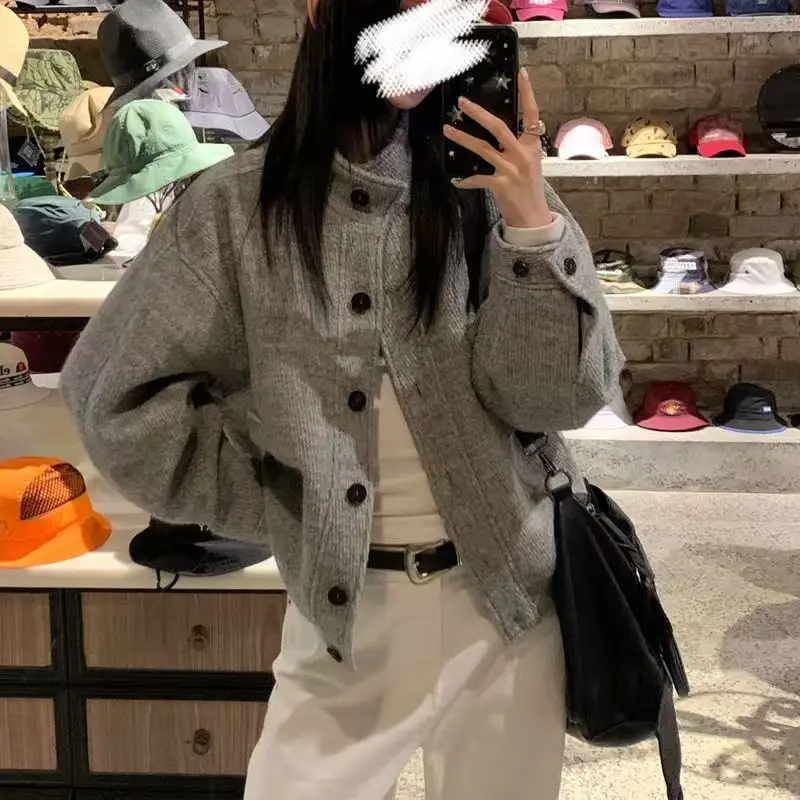 

American Retro Stand Collar Jaet Women's Student Casual Loose Versatile Long Sve Polyester Fiber Winter Thiened Coat