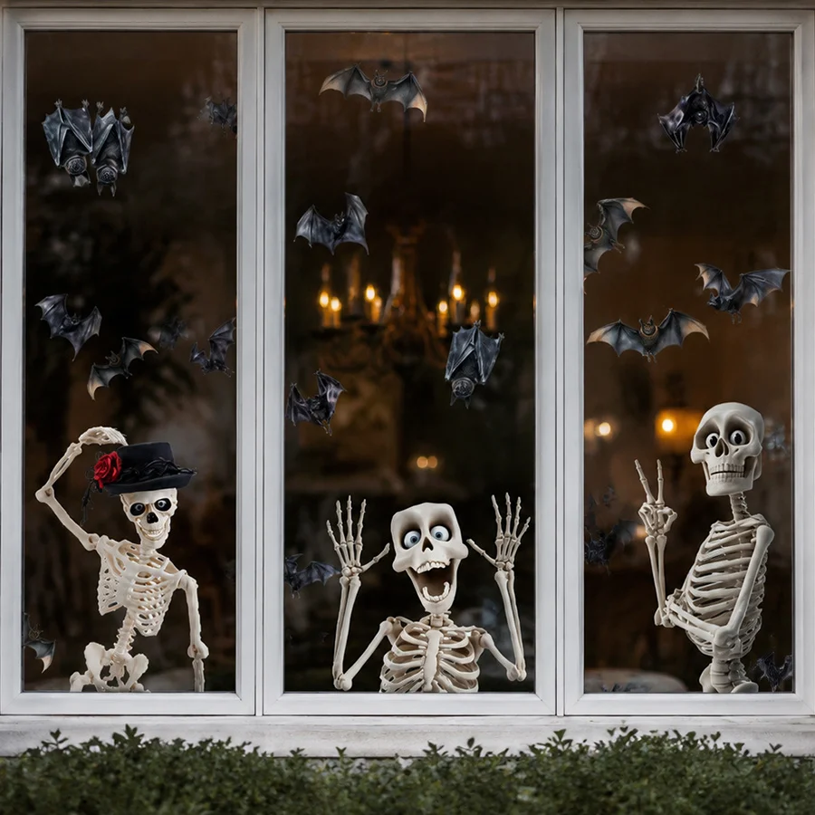 Halloween Skeleton Bat Spider Web Static Window Clings,No Residue Glass Stickers for Home Window Door Party Indoor Halloween