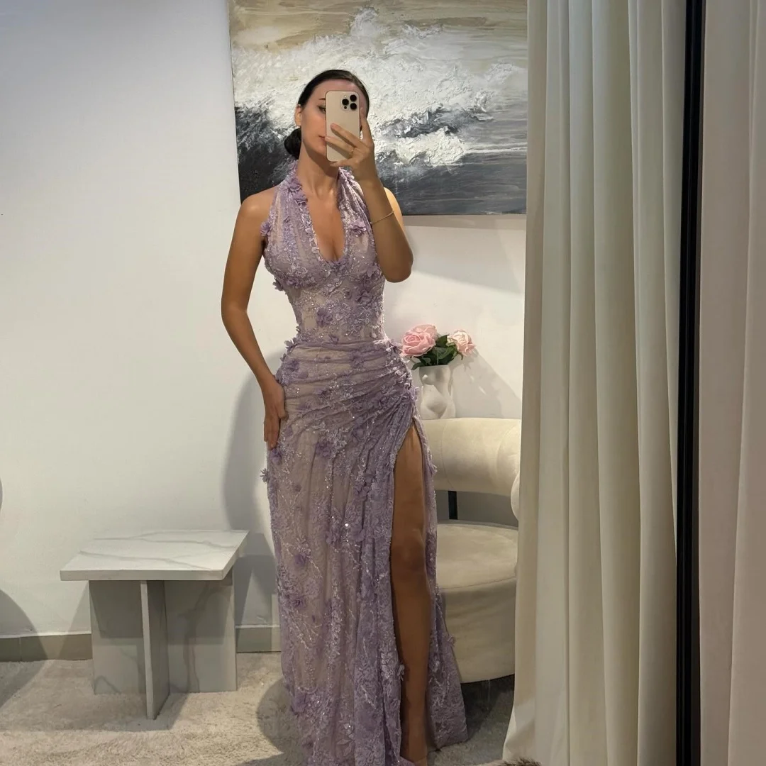 Bella Customized Purple Sequins 3D Flowers Halter Neck robes de soirée Side Slit Party Dresses Floor-Length Prom Dress 2025 image 3