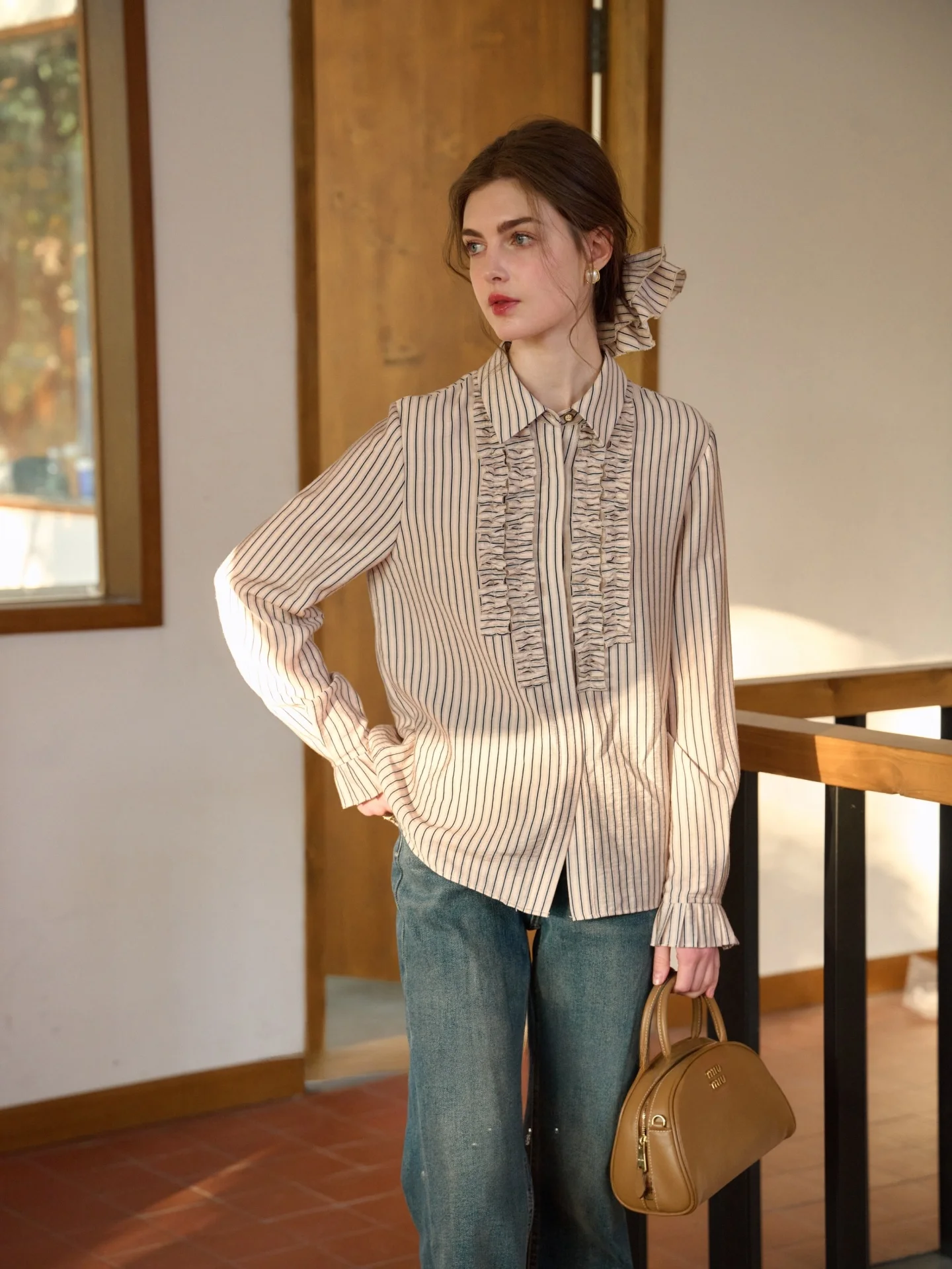 SimpleRetro Duleli Garden Antique Linen Shirt Women's Commute Long Sleeve Top Striped Flounce French Style Loose Fit Casual Wear