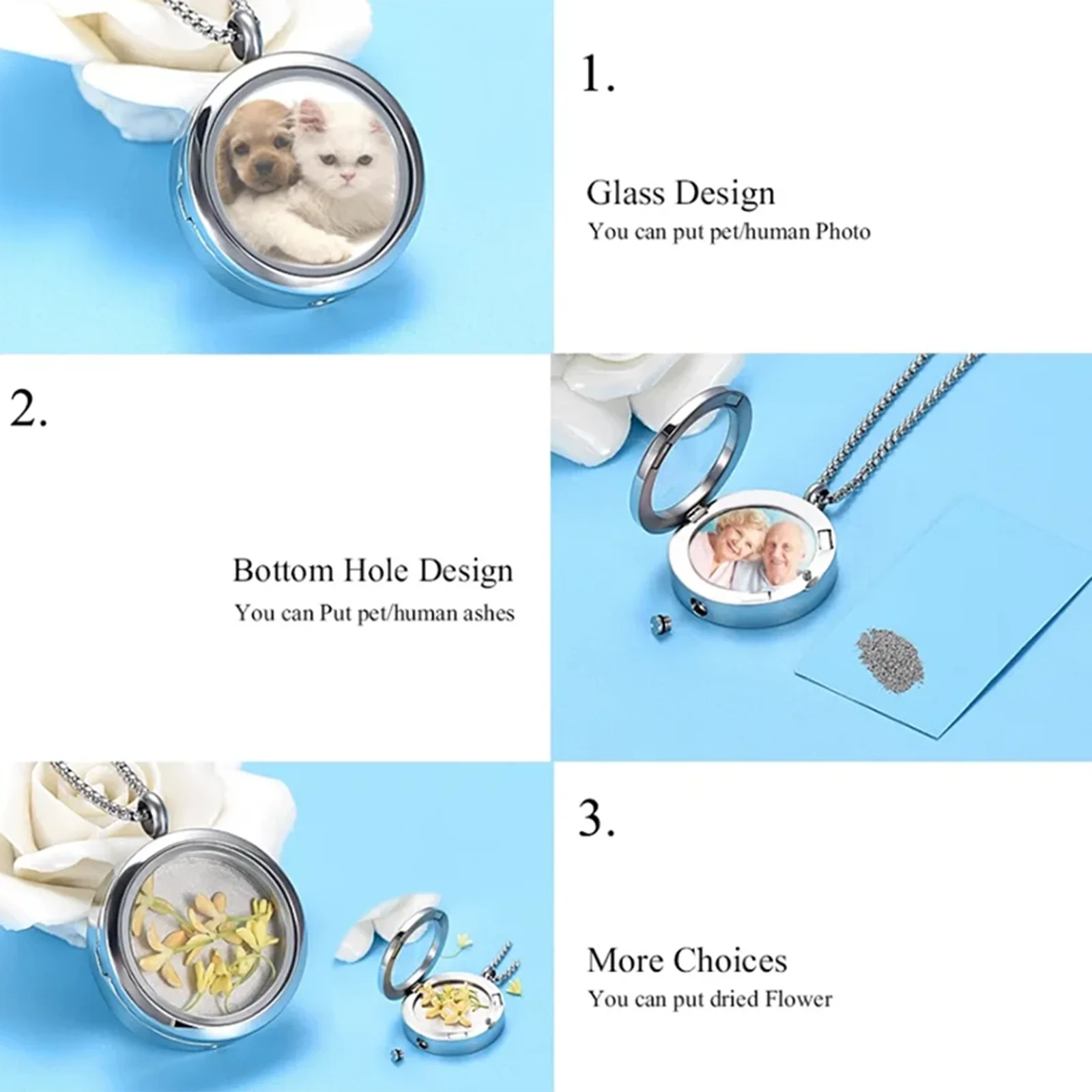 30mm Glas-Einäscherungs-Fotorahmen-Anhänger Halskette Gravierbarer Edelstahl-Andenken Urnen-Anhänger für Frauen und Männer – Detail 3